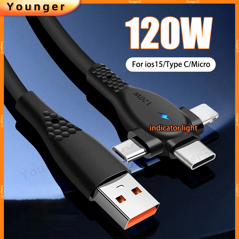 120w Super Fast สายชาร์จพร้อมไฟแสดงสถานะสําหรับ ios15 Type C Micro 3 In 1 USB A Flash Charger สายไฟ 6A สายชาร์จสําหรับโทรศัพท์