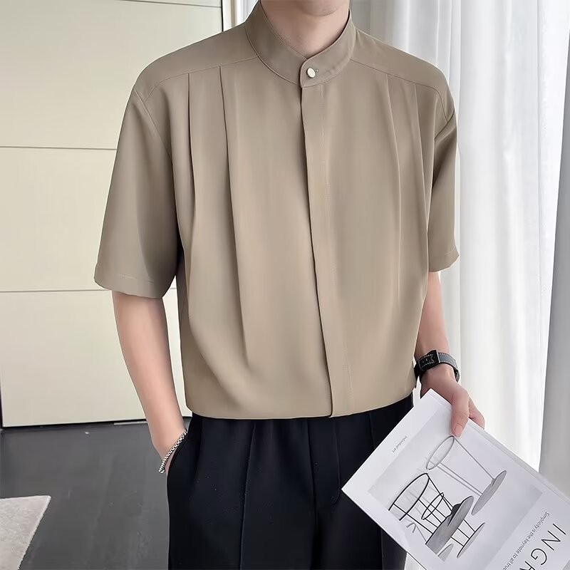 ใหม่สไตล์จีน Stand-Up Collar ชายเสื้อแขนสั้นฤดูร้อนผ้าไหมน้ําแข็ง Pufferie หล่อ High-End ผู้ชาย Five-Poin