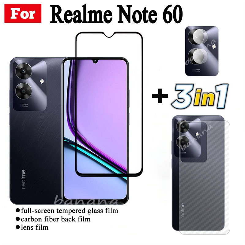 3 IN 1 Realme Note 60 ฟิล์มกระจกนิรภัยสําหรับ Realme Note 50 คลุมทั้งหมดป้องกันหน้าจอกระจก + ฟิล์มเลนส์กล้อง + ฟิล์มด้านหลัง