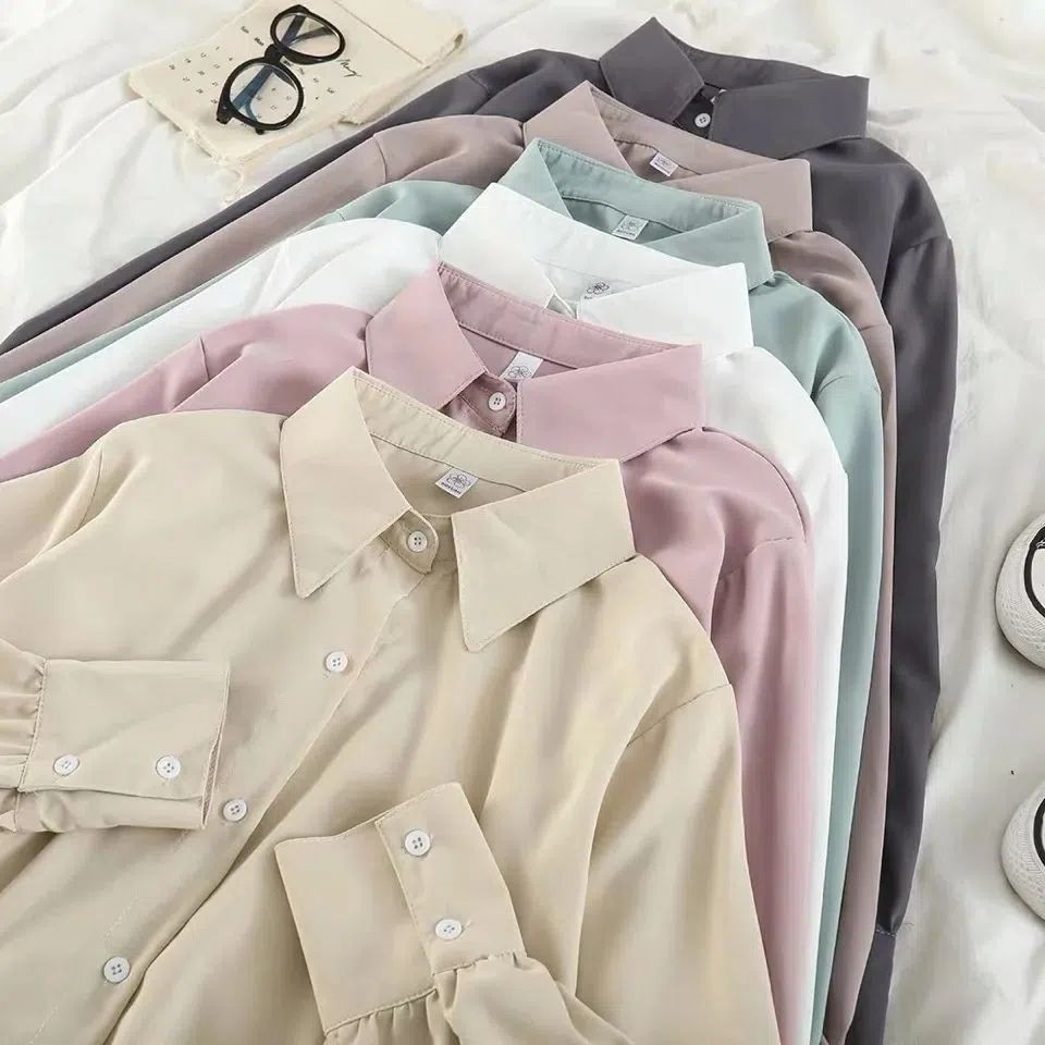 All-Matching Loose Drooping Women's Shirt Long-Sleeved Casual Morandi Elegant Top Shirt Western Style Spring and Autumn Temperament Pure Color