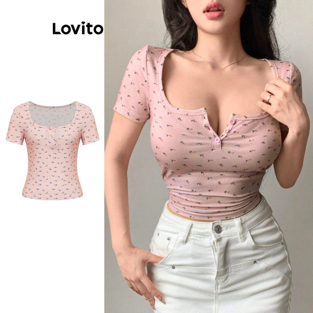 Lovito เสื้อยืดลายดอกไม้ โบโฮ ดิทซี่ สำหรับผู้หญิง L95ED081
