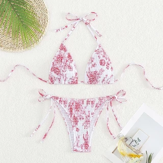 Summer Girl💗 ชุดว่ายน้ำเซ็ต 2 ชิ้น บิกินี่ลายดอกไม้ triangle bikini ผ้าย่นนุ่ม สวยน่ารัก ไปทะเล