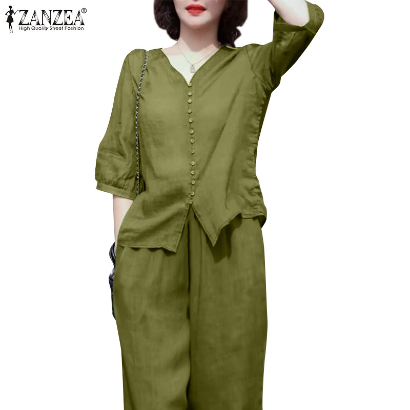 ZANZEA ซานเซีย ผู้หญิงเกาหลีหัวเข็มขัดพัฟแขนคอวียืดหยุ่นเอวกว้างขาชุด