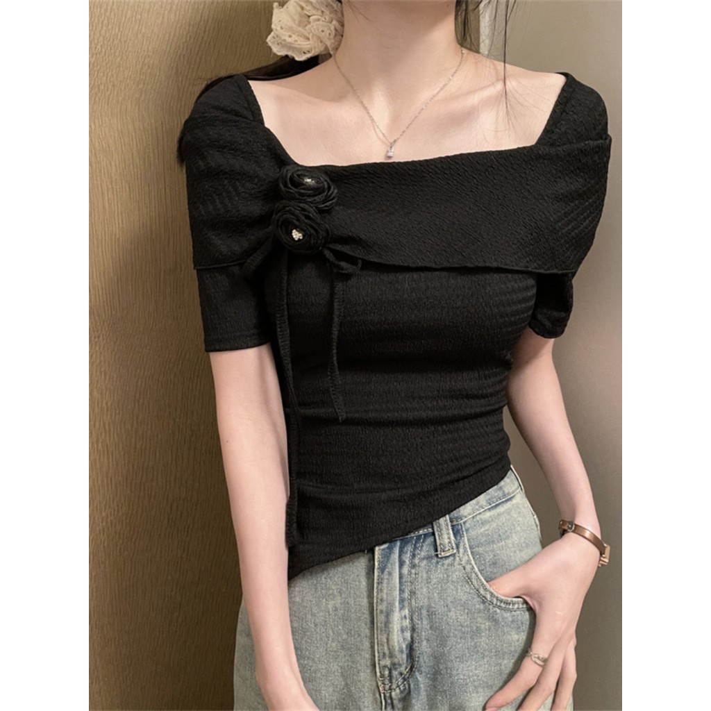 Mazeพร้อมส่งเสื้อไหมพรมแขนสั้นคอกว้าง รูปที่ 4