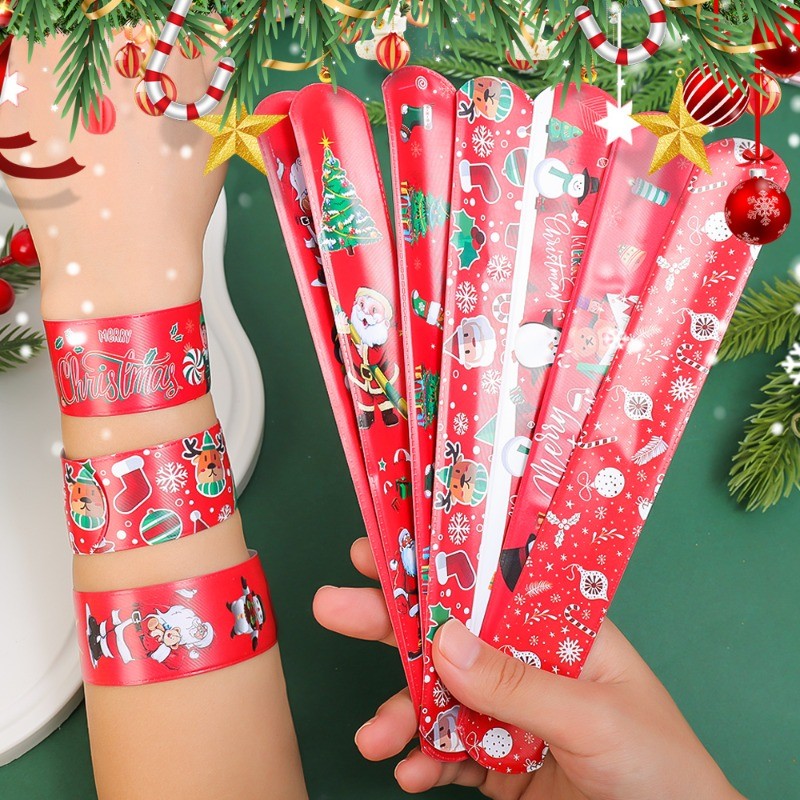 10 ชิ้นคริสต์มาส Slap สร้อยข้อมือ-PVC Xmas Series Clap วงกลม-พับ,ส่องสว่าง-การ์ตูน Santa Claus Slap สายรัดข้อมือ-ของเล่นเกมแบบโต้ตอบคริสต์มาส-ปีใหม่ Clap สายรัดข้อมือ