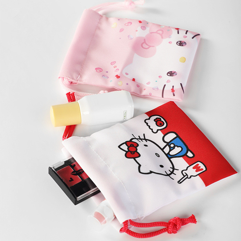 Sanrio HelloKitty HelloKitty ครบรอบ50ปีกระเป๋าเก็บเชือกรูดกระเป๋าเก็บของจิปาถะถุงผ้าขนาดเล็กแบบพกพา