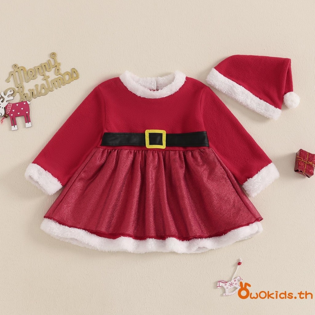 Grao-girls Christmas Casual A-line Dress แขนยาว Plush Collar Santa Dresses พร้อมหมวกซานต้า