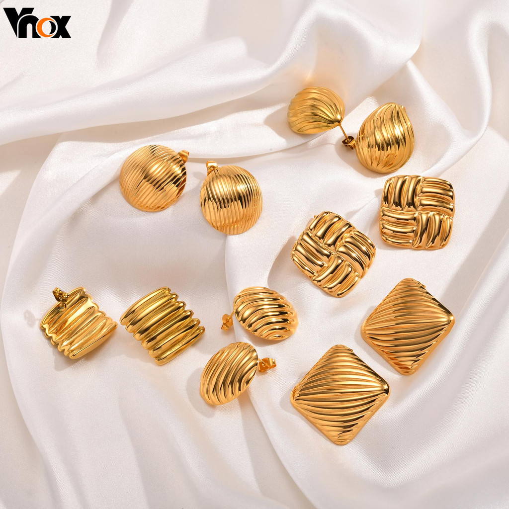 Vnox Vintage Geometric Stud ต่างหูสําหรับสาว,18K Gold Wave Line Square Texture โลหะ,สแตนเลสต่างหูเครื่องประดับ