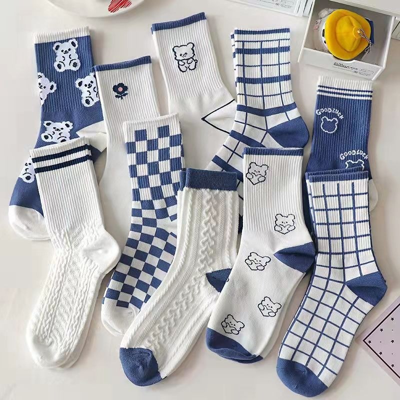 Blue Bearถุงเท้าผู้หญิงถุงเท้าอุ่นCheckerboardถุงน่องลายนักเรียนญี่ปุ่นHigh-TopกีฬาJkถุงน่อง