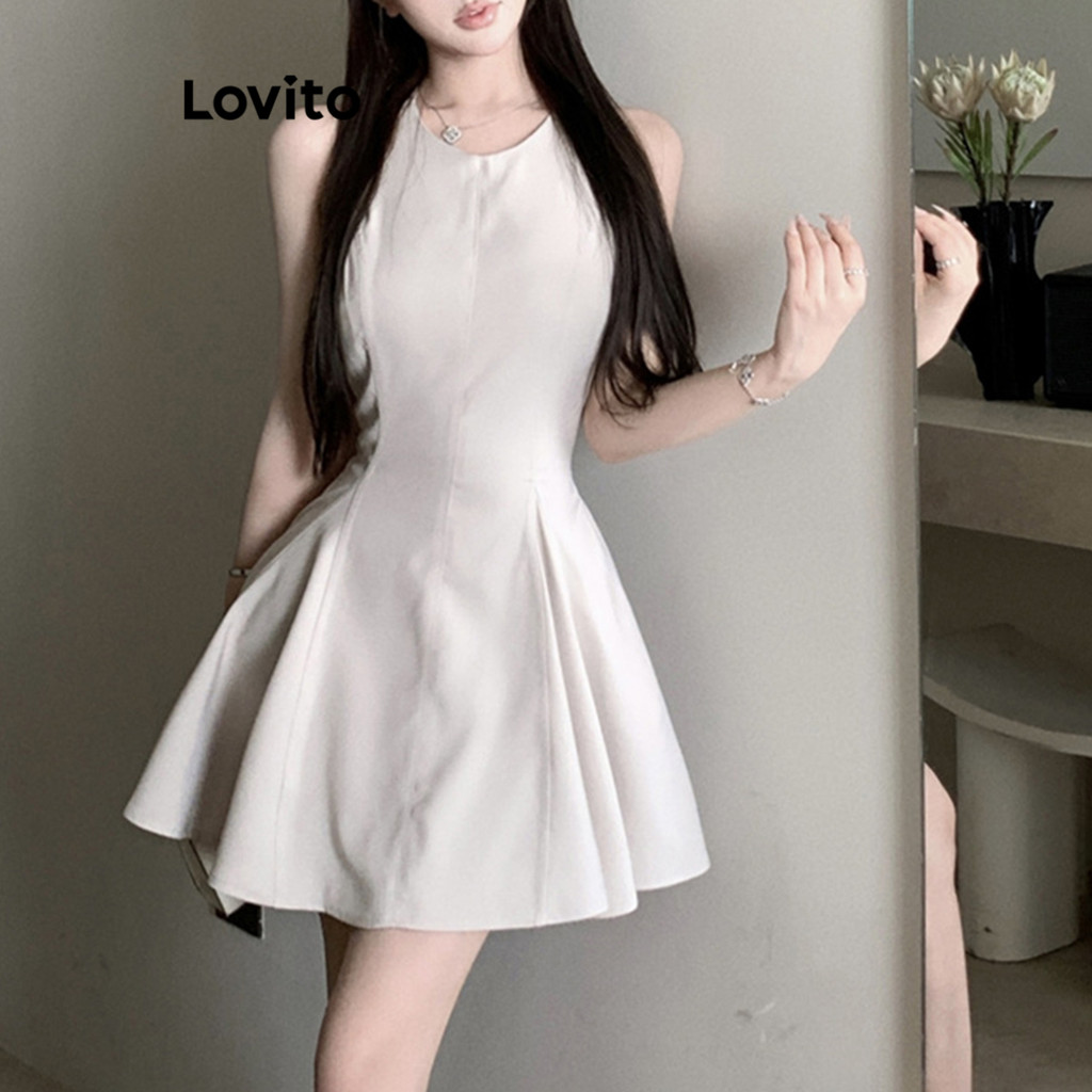 Lovito เดรสผู้หญิง แต่งระบาย สีพื้น สไตล์ลำลอง LNE70032