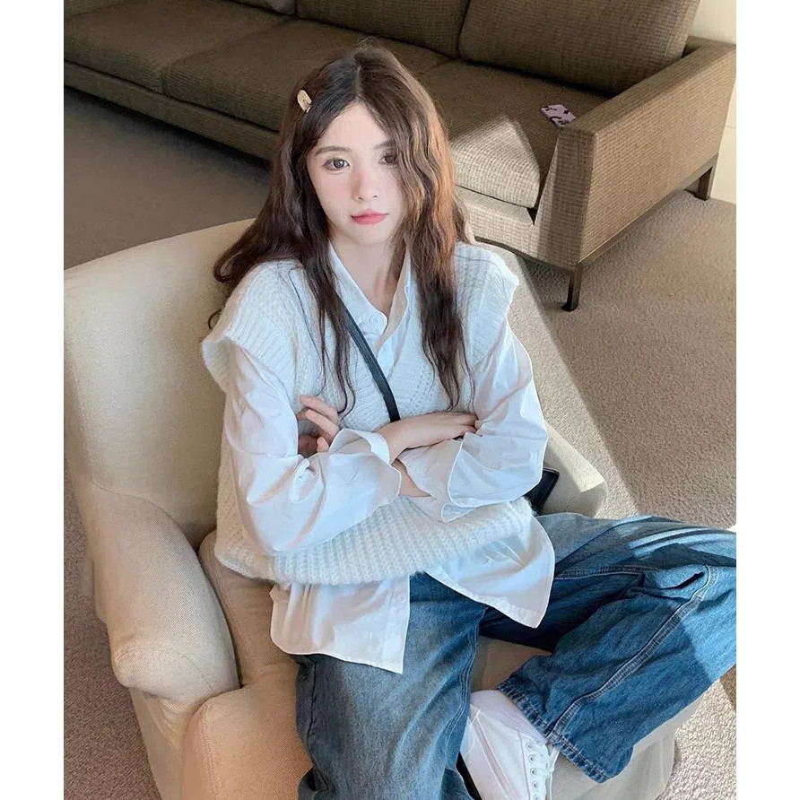 สูทผู้หญิงซ้อนใหม่ญี่ปุ่นสีขาวถักเสื้อกั๊ก+เสื้อสูทสองชิ้น