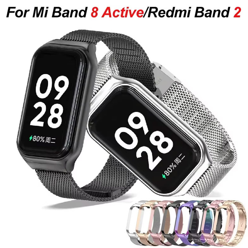 สายสแตนเลสและเคสสําหรับ Xiaomi Mi Band 8 Active สร้อยข้อมือสําหรับ Xiaomi Smart Band 8 Active สแตนเล