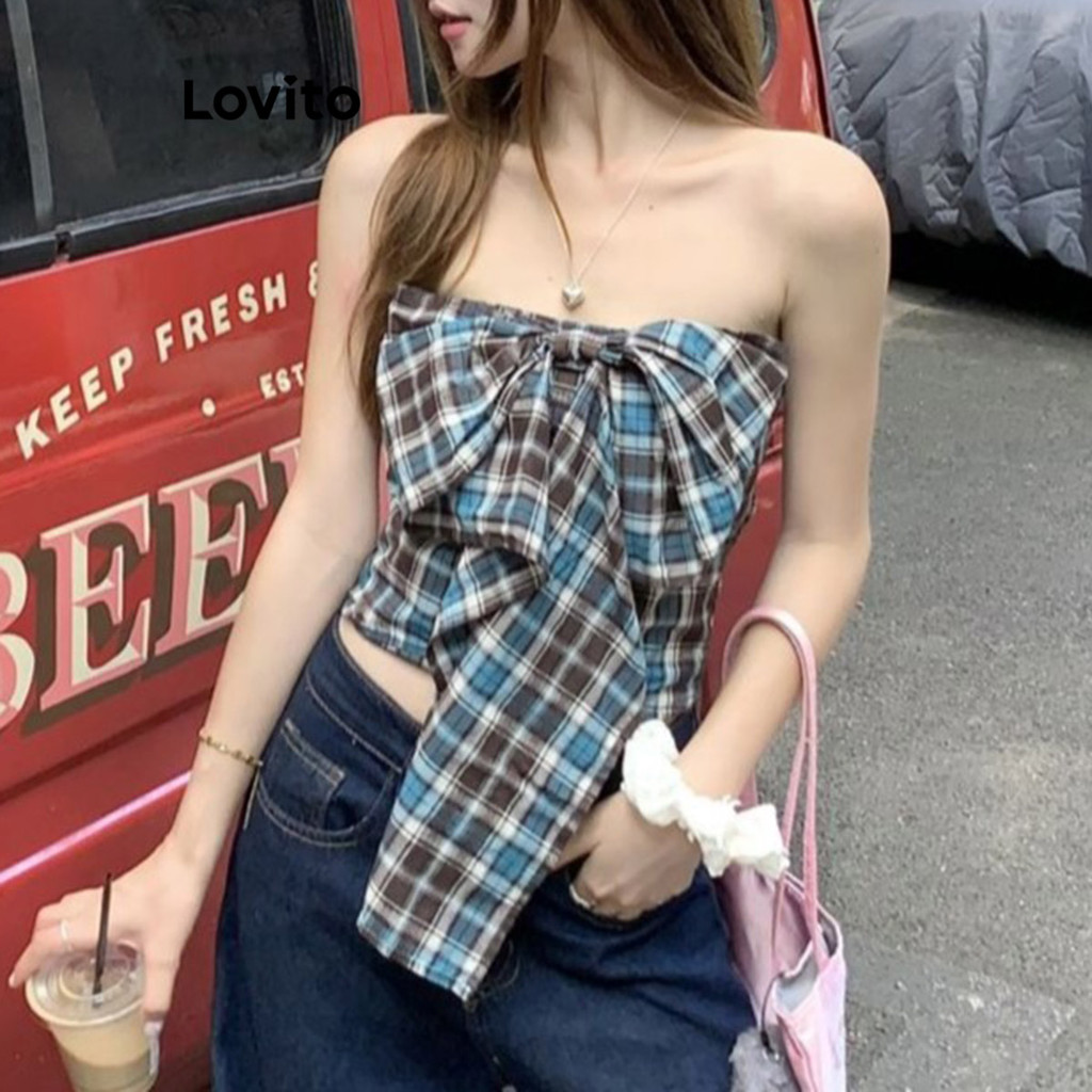Lovito เสื้อกล้าม ผ้าฝ้ายลายตาราง โค้งคำนับ แบบสบาย ๆ สำหรับผู้หญิง LNA77445