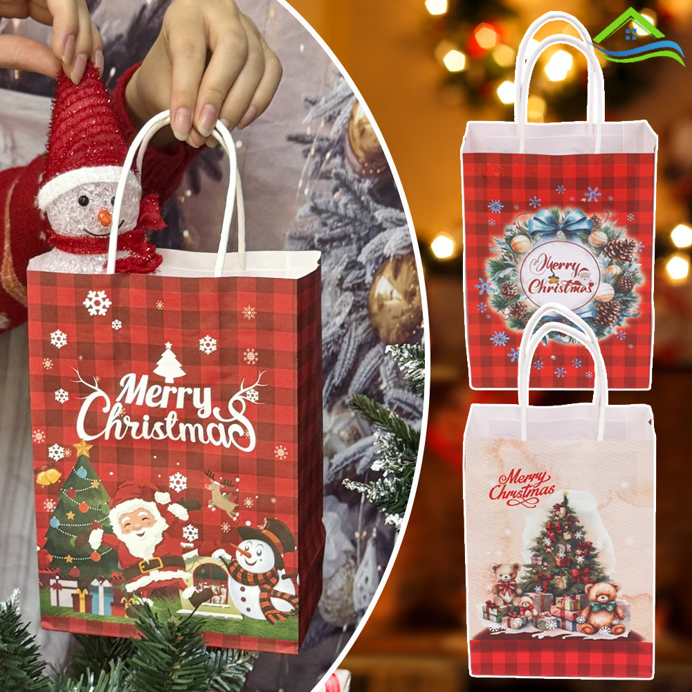 1/3/5 ชิ้น Merry Christmas กระดาษคราฟท์ของขวัญ Packging กระเป๋า - ถุงเก็บคุกกี้ขนมความจุขนาดใหญ่แบบใช้ซ้ําได้พร้อมที่จับ - อุปกรณ์ปาร์ตี้คริสต์มาส