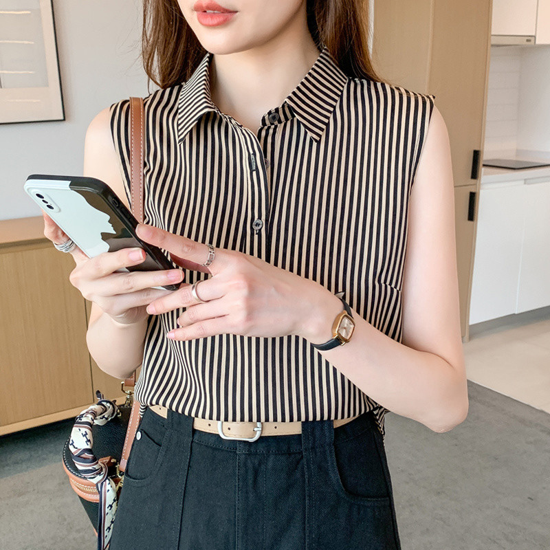 เสื้อเชิ้ตลายผู้หญิงหลวมบางแฟชั่นแขนกุดเสื้อฤดูร้อนบางด้านบน