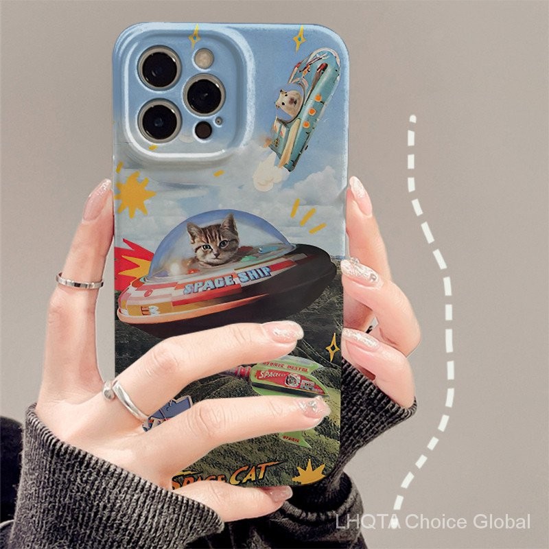Space Cat สำหรับ IPhone16 15 14 13 12 11 PRO MAX x XR XS สูงสุด8 7 6S PLUS SE 2020ฟิล์มเต็มรูปแบบกันกระแทก All-Inclusive โทรศัพท์ป้องกันกรณี Shell เคสโทรศัพท์ UB5W