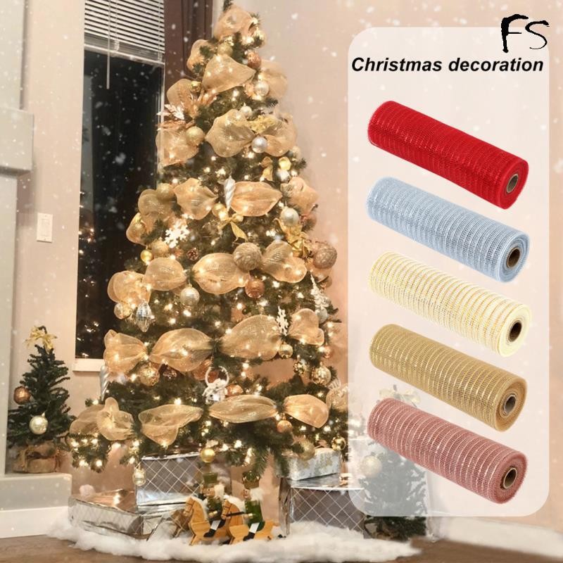 คริสมาสต์/ 26 ซม.10 หลาตกแต่งต้นคริสต์มาสทองสีขาว DIY Xmas Tree Glitter ตาข่ายผ้าไหมริบบิ้นตกแต่งงานแต่งงาน Navidad Christmas Decor สําหรับ Home 2024