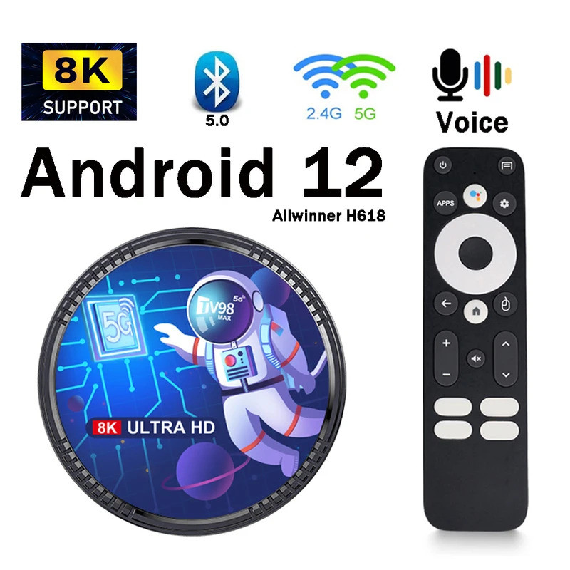 กล่องทีวี TV98 MAX Android12 Ultra HD 8K สมาร์ท Android TV Box 4G 5G WiFi ALLWINNER H618 BT5.0 Voice