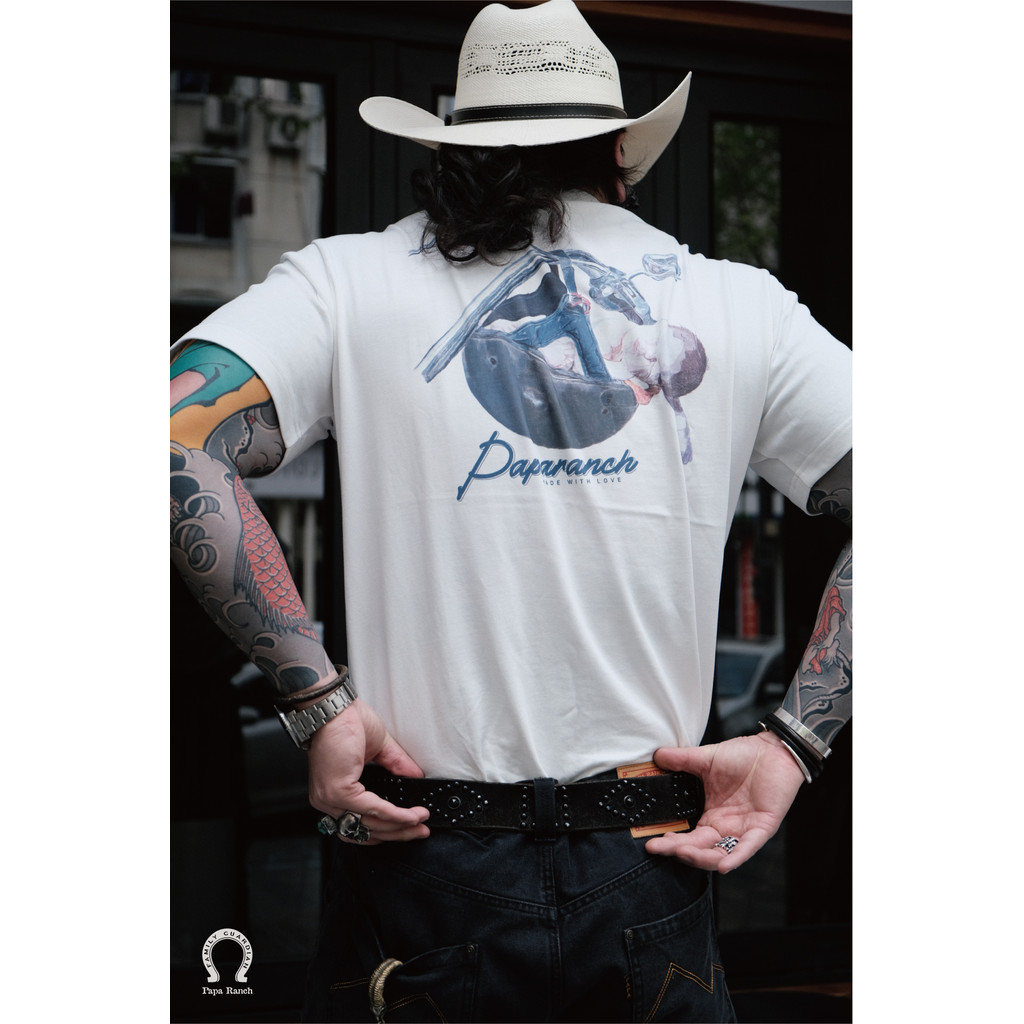 American Retro Cycling Pure Cotton T-Shirt Back Print Short-Sleeved Round Neck Tee Top
