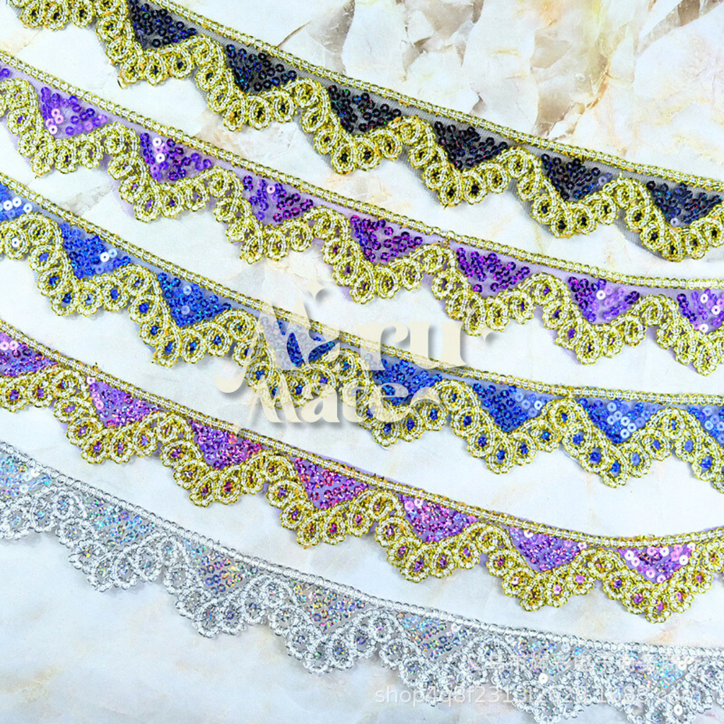 ผ้าลูกไม้ปักเลื่อม ทรงสามเหลี่ยม No.012 (1 หลา) ดิ้น ลูกไม้ กว้าง 45 มม.สไตล์ชนเผ่า สําหรับตกแต่งผ้าม่าน งานฝีมือ DIY - รูปที่ 4