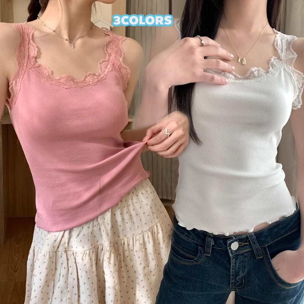 mimi&didi#เสื้อสายเดี่ยว เสื้อกล้ามแต่งลูกไม้สุดน่ารัก ทรงสวยแมตช์ง่าย แฟชั่นเกาหลีสำหรับผู้หญิง#8599