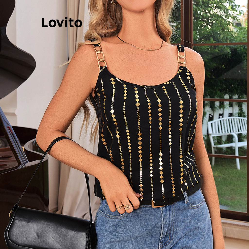 Lovito เสื้อเบลาส์โลหะเรขาคณิตลำลองสำหรับผู้หญิง LBL17104