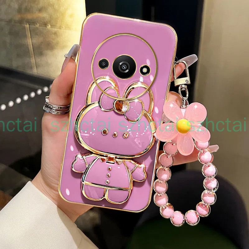 เคส Redmi A3 A1 A2 Plus 13C 12C 10C 10 10A 9C Redmi 12 เคสโทรศัพท์ TPU 3D กระต่ายเครื่องสําอางกระจกแต่งหน้าขาตั้ง บางเฉียบ ชุบ กรณีอ่อนนุ่ม กรณีป้องกันการกระแทก พร้อมสร้อยข้อมือ