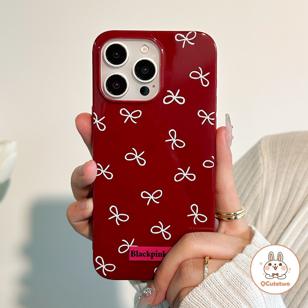 แฟชั่นริบบิ้นสีขาว Bowknot เคสโทรศัพท์สําหรับ Iphone 11 15 14 13 12 Pro MAX 14 15 Plus XS MAX XR ไวน์แดง Glossy Anti-scratch Hard โทรศัพท์ปกหลัง