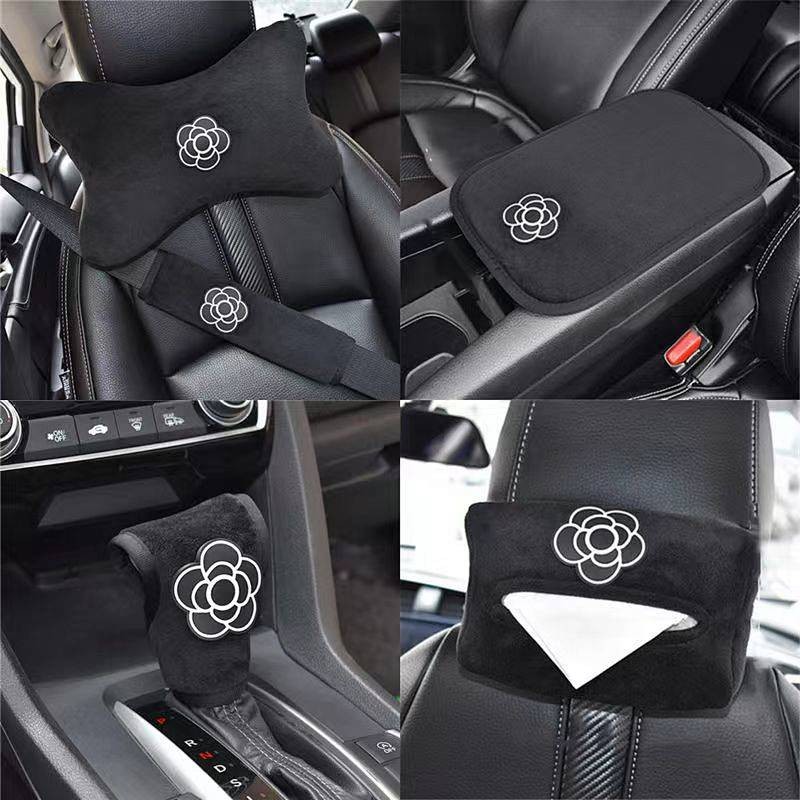 【Ready Stock】 Plush Car Steering Wheel Cover Four Seasons Universal Car Seat Headrest Neck Pillow Lumbar Support Pillow Camellia Series Suit aYiH