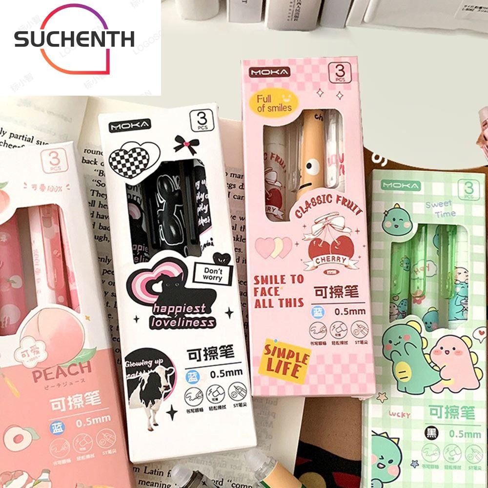 ซูเชนธ 3ชิ้น/เซ็ตปากกาลบได้,0.5มิลลิเมตรสีดํา/สีฟ้าหมึกชุดเครื่องเขียนปากกาลูกลื่น,การ์ตูนแห้งเร็วนุ่มสัมผัสจับปากกาเป็นกลางโรงเรียนเครื่องสํา