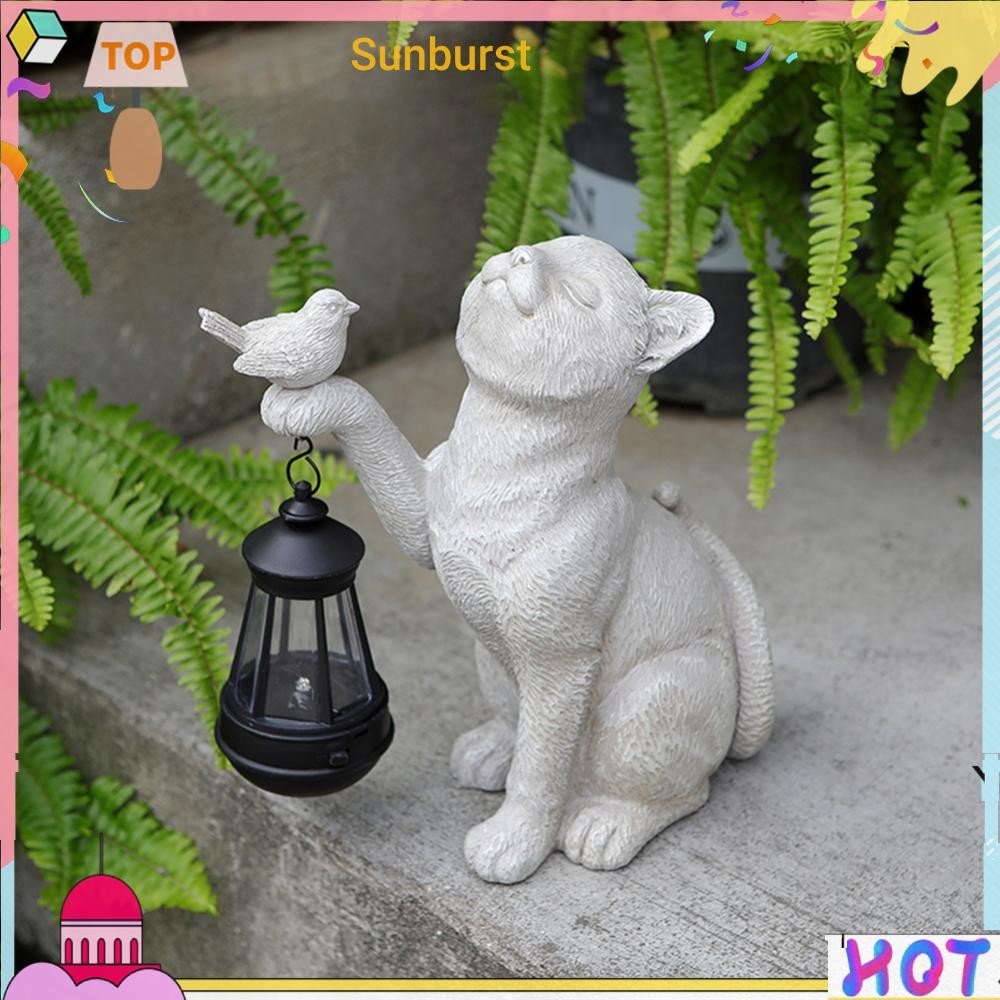 แมวสวนรูปปั้นเรซิ่นเครื่องประดับสวนแสงน่ารักสําหรับสนามหญ้าลาน (สีเทา) [Sunburst11.th]