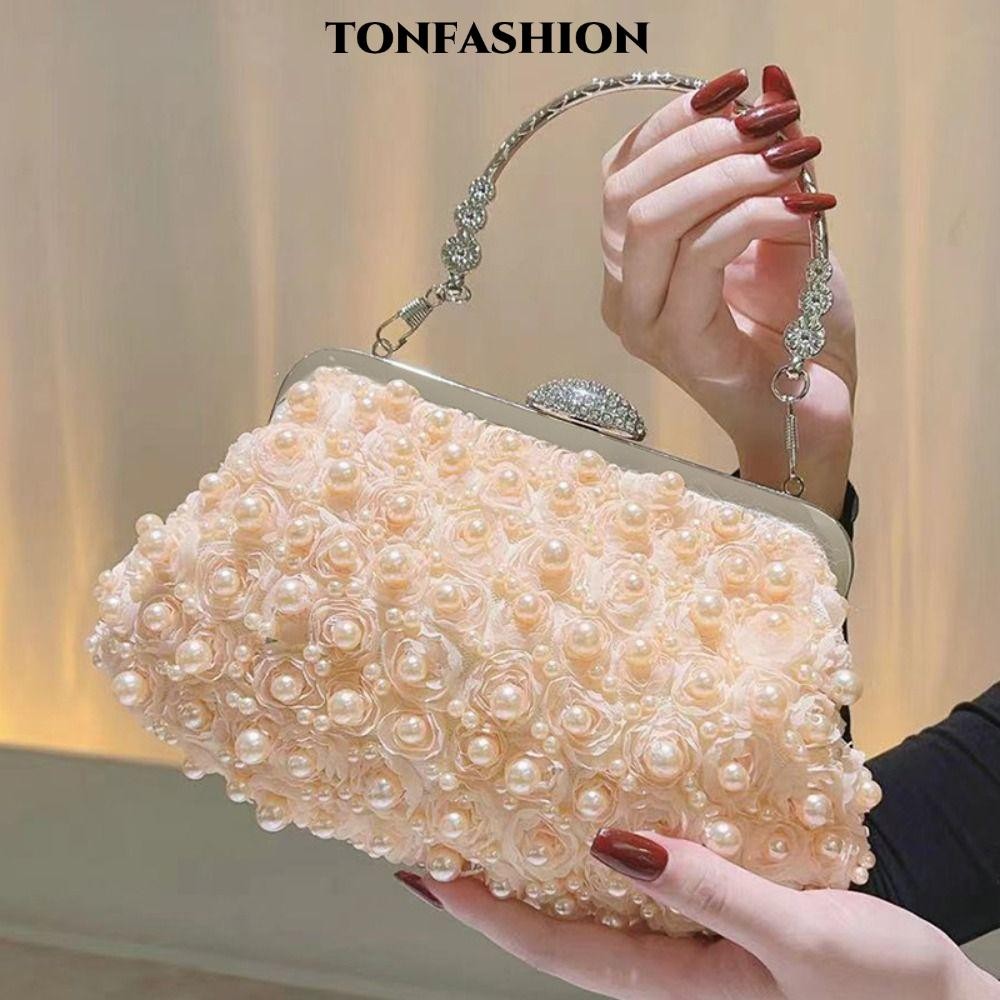 Tonfashion กระเป๋าราตรี,กระเป๋าสะพายโซ่ตกแต่ง Rhinestone แบบวงกลม, กระเป๋าถือผ้าไหมสดใสสีทองหรูหราผู้หญิงหญิง