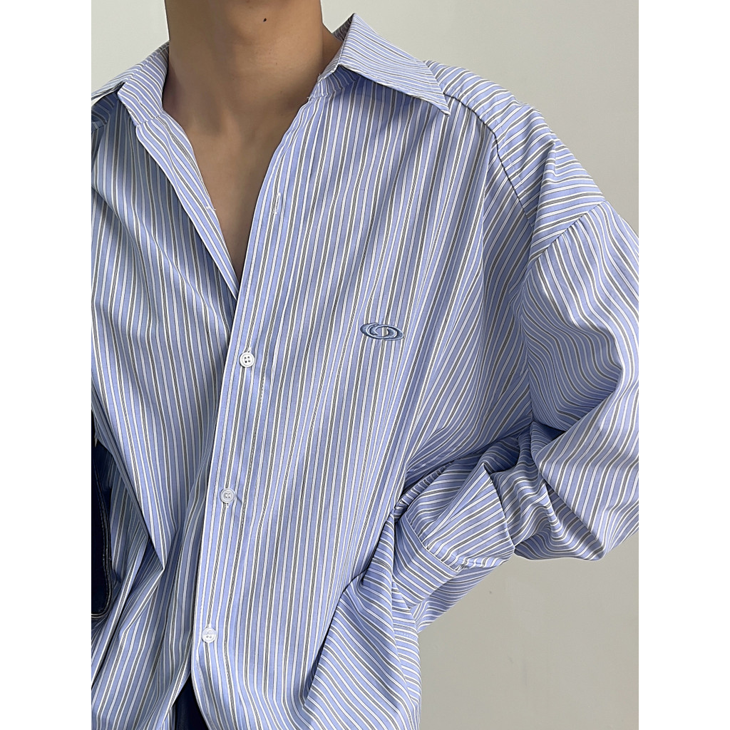 ต้นฤดูใบไม้ร่วง American Retro Design Stripes All-Match Lapel เสื้อเชิ้ตแขนยาวอินเทรนด์