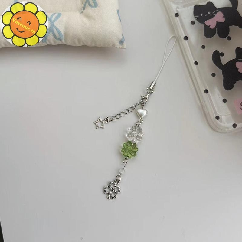 Yescont Lucky Four-Leaf โทรศัพท์ Chain เคสโทรศัพท์ Charm จี้โทรศัพท์มือถือเชือกเส้นเล็กน่ารักลูกปัดสายคล้องโทรศัพท์มือถือกระเป๋าพวงกุญแจ TH
