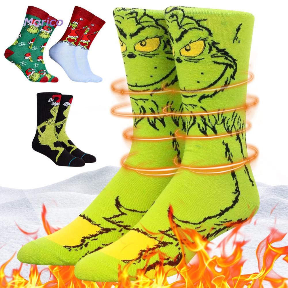 1 คู่ Unisex Christmas Grinch ถุงเท้าฤดูหนาวถุงเท้าความร้อนพิมพ์ของขวัญวันหยุด [Marico.th]