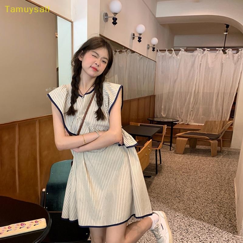 [TAMU] ชุดเดรสแขนกุด Ruffles ไม่สม่ําเสมอลายทางเสื้อผ้าหญิงชุดแขนบิน YSA