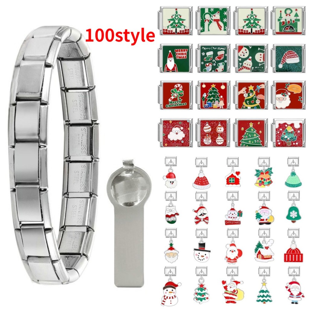คริสมาสต์/ ชุดคริสต์มาสอิตาเลี่ยน Charm Links Fit 9 มม.สร้อยข้อมือสแตนเลส Diy เครื่องประดับทําอุปกรณ์เสริม Retro บุคลิกภาพโมดูลสร้อยข้อมืออุปกรณ์เสริม