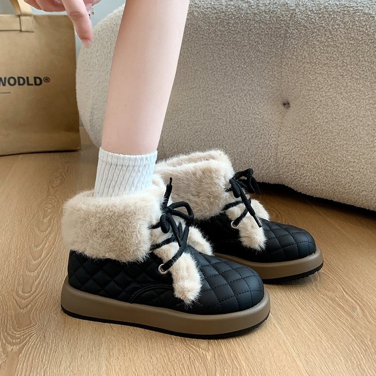 รองเท้าบูทผู้หญิงแฟชั่นเกาหลีรอบนิ้วเท้าแบนผูกเชือกท่อสั้นบวกกำมะหยี่รองเท้าหิมะที่อบอุ่นขนาด35-40 - รูปที่ 4