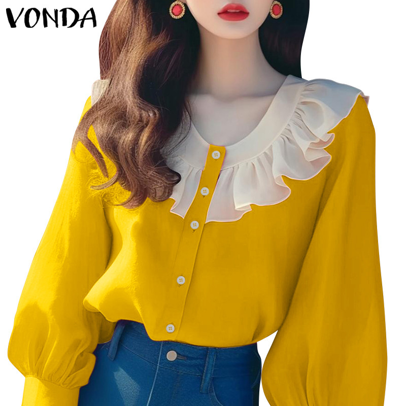 Vonda เสื้อเชิ้ตคอกลมแขนยาวแฟชั่นเกาหลีสําหรับผู้หญิง