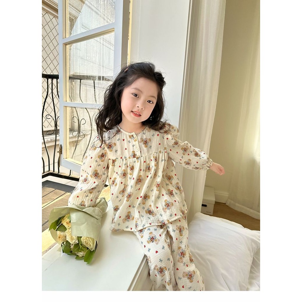 สาวแขนยาวชุดนอนชุดฤดูใบไม้ผลิฤดูใบไม้ร่วงแฟชั่นสไตล์ใหม่เวอร์ชั่นเกาหลีผ้าฝ้ายแท้นุ่มสบายระบายอากาศการ์ตูนหมีพิมพ์ ชุดลําลอง สอง-