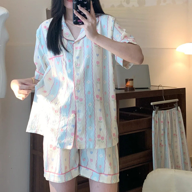 🎀🌈Cloudชุดนอนผ้าฝ้ายผู้หญิงฤดูร้อนชุดแขนสั้นInfluencerHigh-Endบางสไตล์Homewearฤดูร้อนน่ารักสวมใส่ด้านนอก