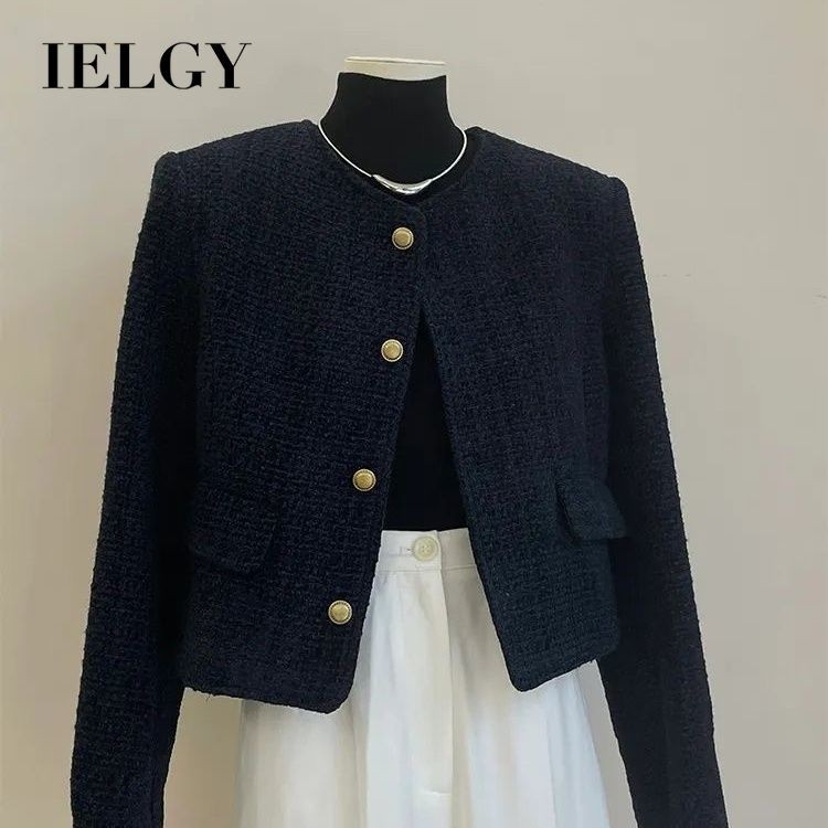 IELGY เสื้อโค้ทสีดําสําหรับผู้หญิงเสื้อตัวในสไตล์สั้นระดับไฮเอนด์