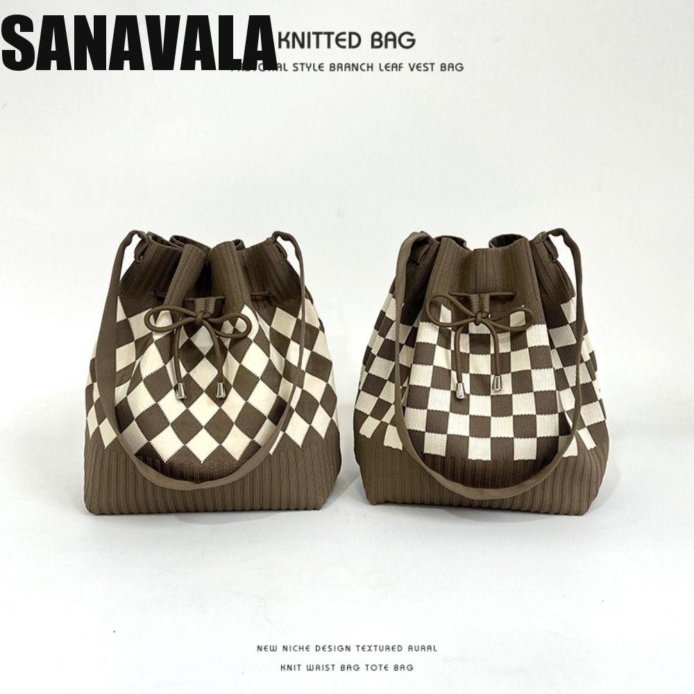 Sanavala กระเป๋าเพชร, Commute Soft Houndstooth Bucket Bag, Leisure Pocket กระเป๋าถือความจุขนาดใหญ่ถัก Checked กระเป๋าสะพายสาว