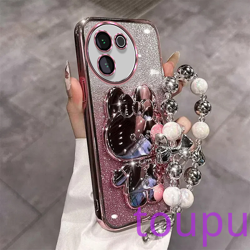 เคส vivo V30E 5G V29 5G V29E V27 V27E V25 V25E V23 5G V23 กรณีโทรศัพท์หรูหราน่ารักกระต่ายแต่งหน้ากระจกใส Glitter กรณีโทรศัพท์ใสพร้อมสร้อยข้อมือเชือกขนาดเล็ก กรณีโทรศัพท์ vivo V30E 5G V29 5G V29E V27 V27E V25 V25E V23 5G V23