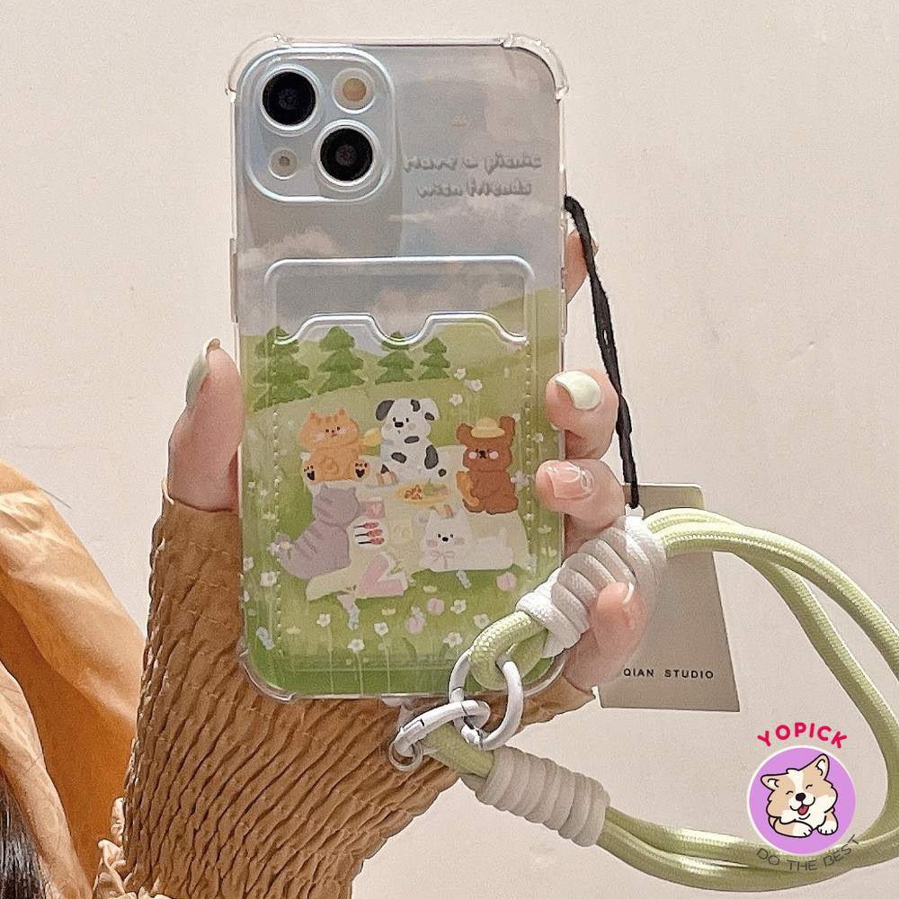 Graffiti Picnic สัตว์สําหรับ IPhone 15 16 Pro Max เคสโทรศัพท์ 11 12 13Mini 13Pro Max 14Plus XR XS Max 6 7 8 Plus SE2020 การ์ดฝาครอบโทรศัพท์โซ่แขวนเชือก KB