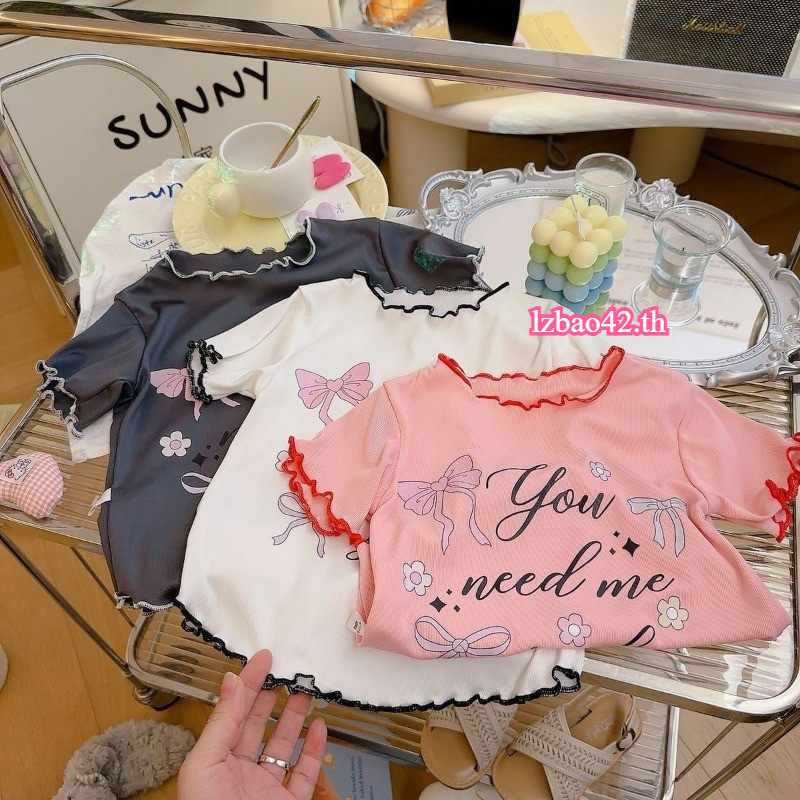 แขนสั้นลำลองสำหรับเด็ก สาว Casual การ์ตูนโบว์พิมพ์ด้านบน 2025 อากาศมหาสมุทรฤดูร้อน