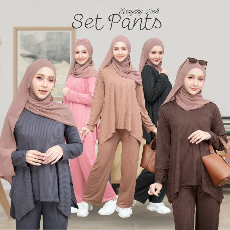 ชุดเซ็ตเสื้อกางเกง เนื้อผ้ายืดร่อง ผ้าเย็นใส่สบายชุดเดียวจบ เหมาะสำหรับสาวๆมุสลิม IN12 วาริสมุสลิม