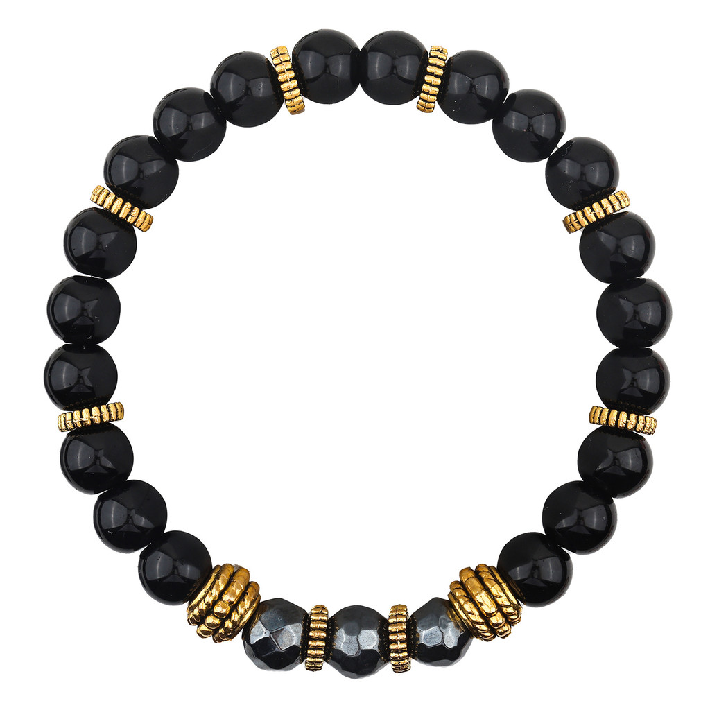 สร้อยข้อมือ Spacer Pyrite และ Obsidian สำหรับผู้ชายและผู้หญิง ลูกปัดตัดมุม.gold.yoga.universal