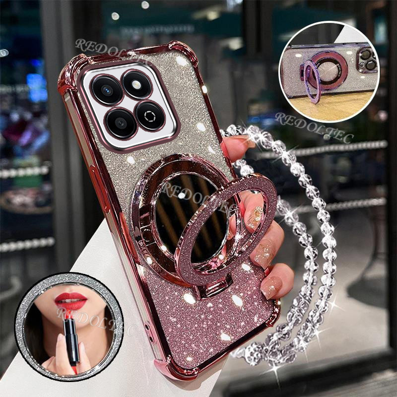 เคส Honor 200 สมาร์ท X7C 4G ใหม่ Gradient Glitter ปลอกกระจกแต่งหน้าขาตั้งแม่เหล็ก Honor X7C เลนส์ป้อ