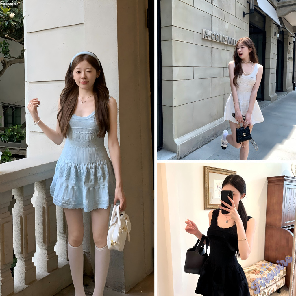 Firewire🔥พร้อมส่ง🔥เดรสไหมพรม เดรส ถักโครเชต์ สายเดี่ยว แขนกุด สีพื้นสไตล์มินิมอล โอกาสที่เป็นทางการ สีดำ-W-N096